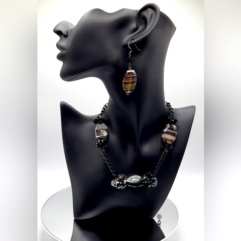 *RARE* Zebra Agate Black Stainless Steel Necklace and Earrings Set
